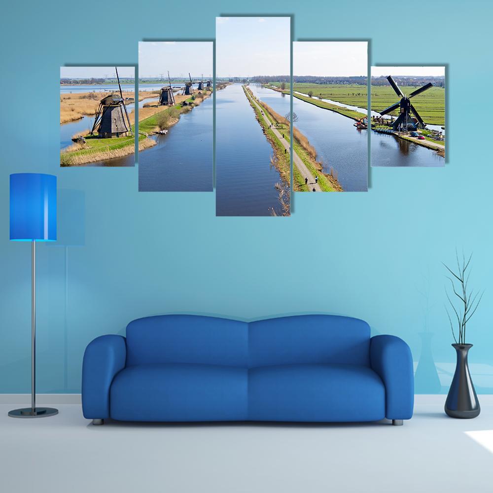 Traditional Windmills Netherlands Canvas Wall Art-5 Star-Gallery Wrap-62" x 32"-Tiaracle