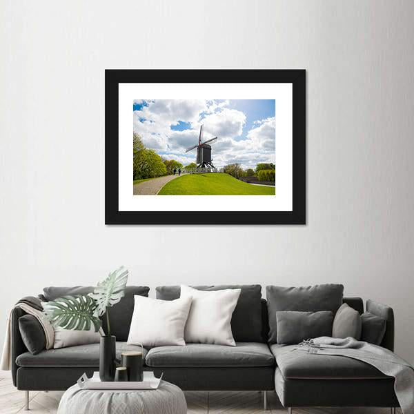 Traditional Wooden Old Windmill In Bruges Canvas Wall Art-1 Piece-Framed Print-20" x 16"-Tiaracle
