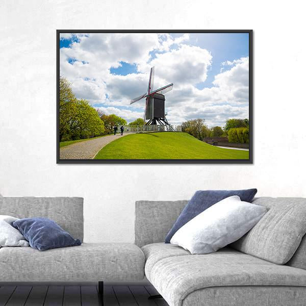 Traditional Wooden Old Windmill In Bruges Canvas Wall Art-1 Piece-Floating Frame-24" x 16"-Tiaracle