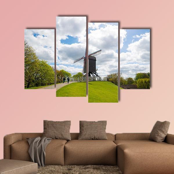 Traditional Wooden Old Windmill In Bruges Canvas Wall Art-4 Pop-Gallery Wrap-50" x 32"-Tiaracle