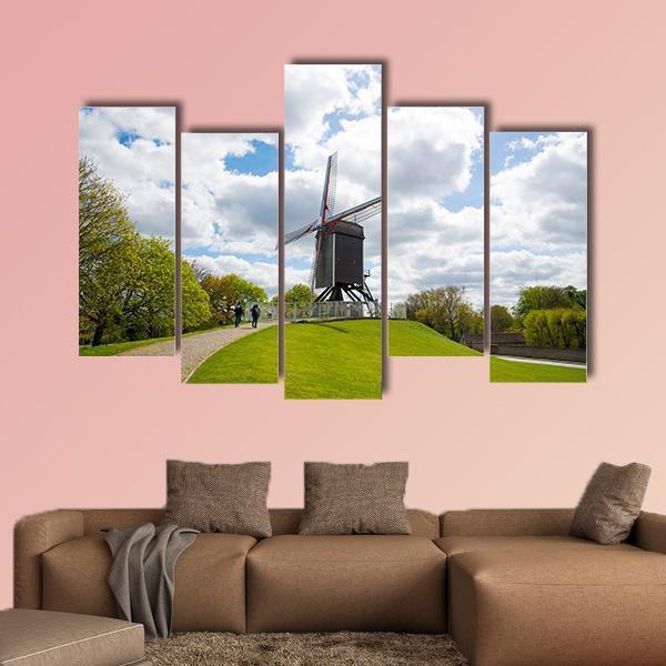 Traditional Wooden Old Windmill In Bruges Canvas Wall Art-5 Pop-Gallery Wrap-47" x 32"-Tiaracle