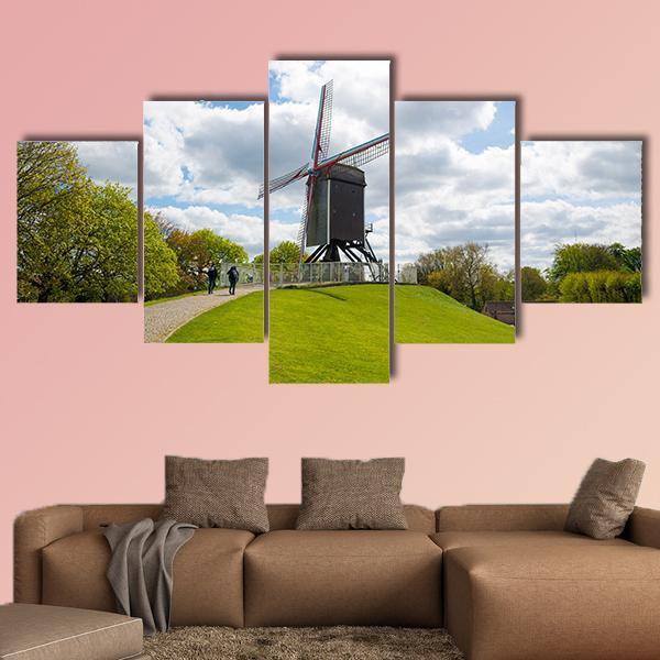 Traditional Wooden Old Windmill In Bruges Canvas Wall Art-5 Star-Gallery Wrap-62" x 32"-Tiaracle