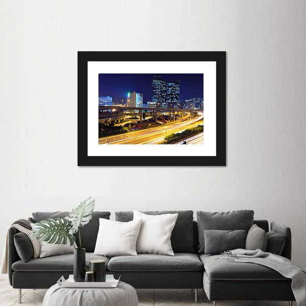 Traffic In Modern City At Night Canvas Wall Art-1 Piece-Framed Print-20" x 16"-Tiaracle