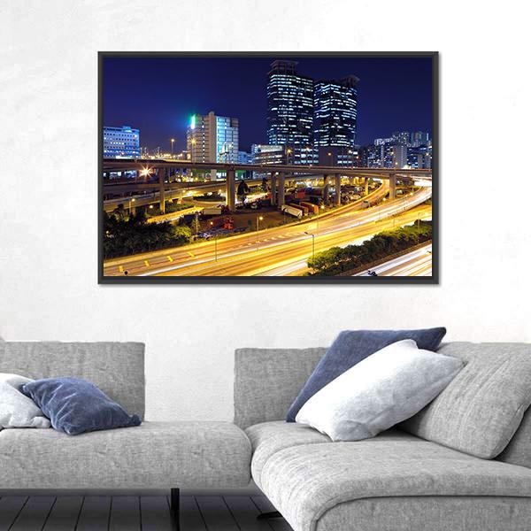 Traffic In Modern City At Night Canvas Wall Art-1 Piece-Floating Frame-24" x 16"-Tiaracle