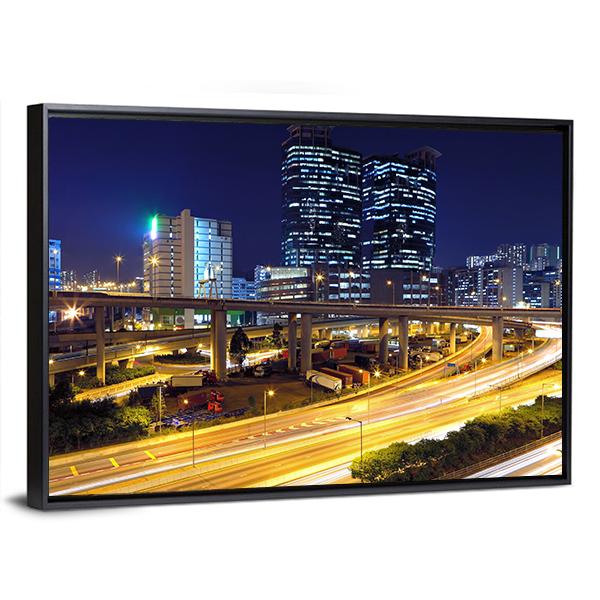 Traffic In Modern City At Night Canvas Wall Art-3 Horizontal-Gallery Wrap-25" x 16"-Tiaracle
