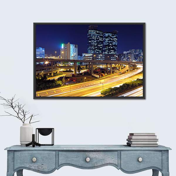 Traffic In Modern City At Night Canvas Wall Art-3 Horizontal-Gallery Wrap-25" x 16"-Tiaracle