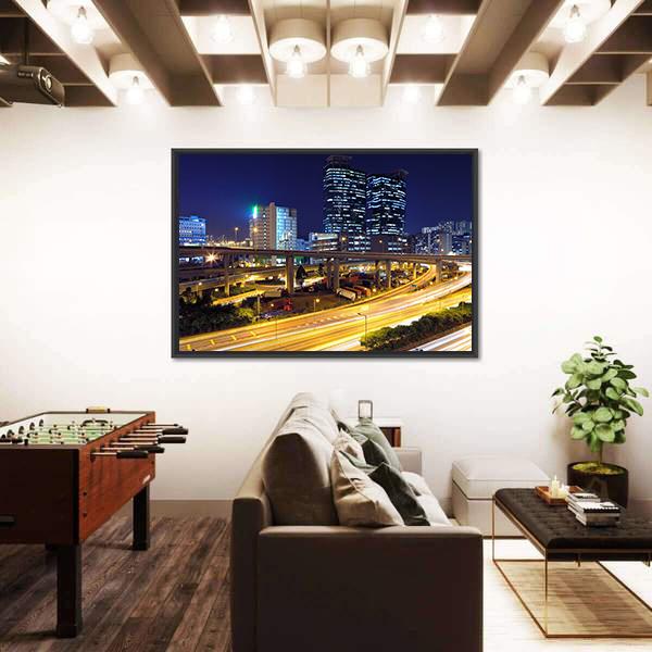 Traffic In Modern City At Night Canvas Wall Art-3 Horizontal-Gallery Wrap-25" x 16"-Tiaracle
