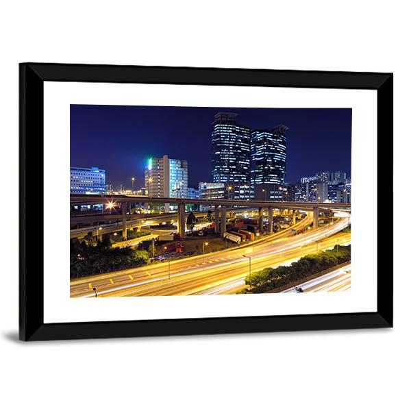 Traffic In Modern City At Night Canvas Wall Art-3 Horizontal-Gallery Wrap-25" x 16"-Tiaracle