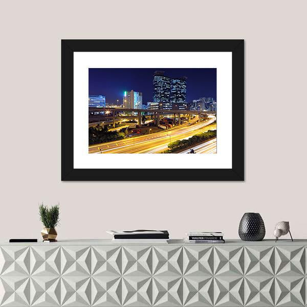 Traffic In Modern City At Night Canvas Wall Art-3 Horizontal-Gallery Wrap-25" x 16"-Tiaracle