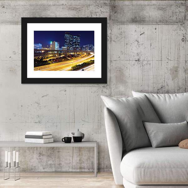Traffic In Modern City At Night Canvas Wall Art-3 Horizontal-Gallery Wrap-25" x 16"-Tiaracle