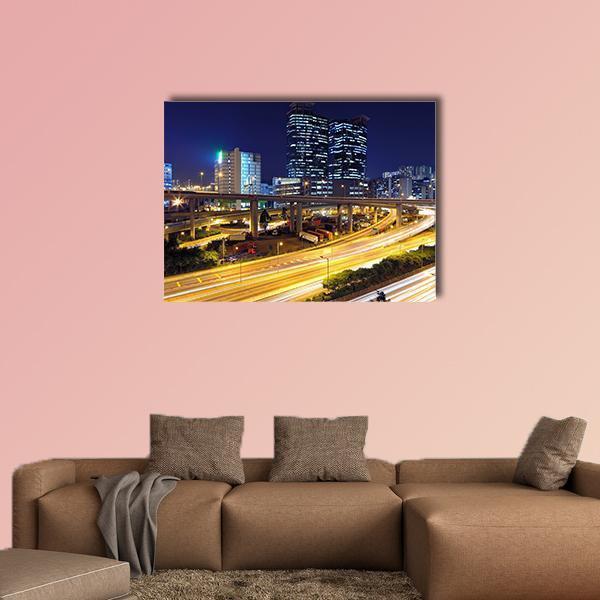 Traffic In Modern City At Night Canvas Wall Art-5 Star-Gallery Wrap-62" x 32"-Tiaracle