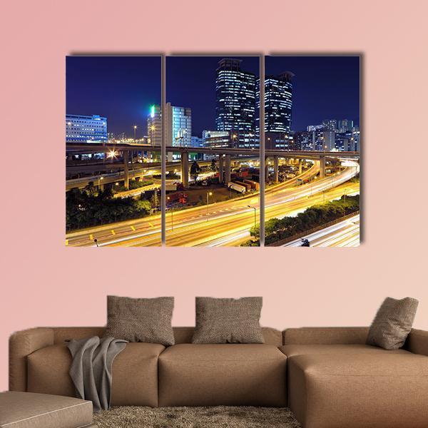 Traffic In Modern City At Night Canvas Wall Art-3 Horizontal-Gallery Wrap-37" x 24"-Tiaracle