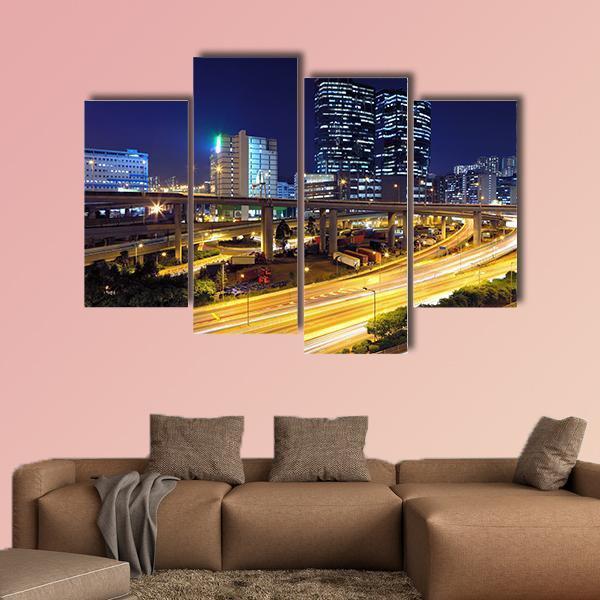 Traffic In Modern City At Night Canvas Wall Art-4 Pop-Gallery Wrap-50" x 32"-Tiaracle