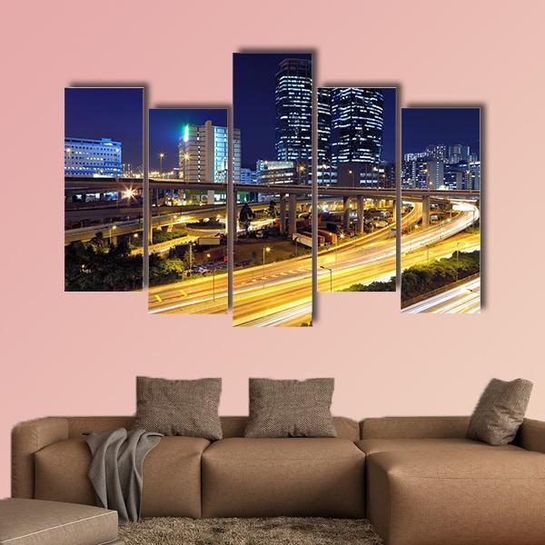 Traffic In Modern City At Night Canvas Wall Art-5 Pop-Gallery Wrap-47" x 32"-Tiaracle
