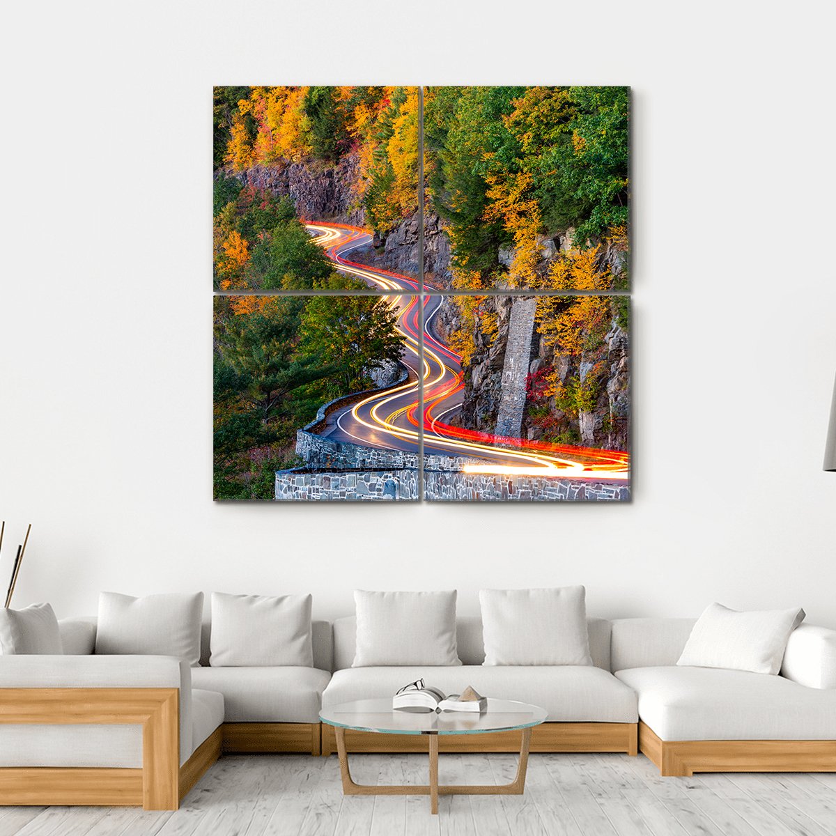Traffic Light Trails On Hawk's Nest Winding Road Route Canvas Wall Art-4 Square-Gallery Wrap-17" x 17"-Tiaracle