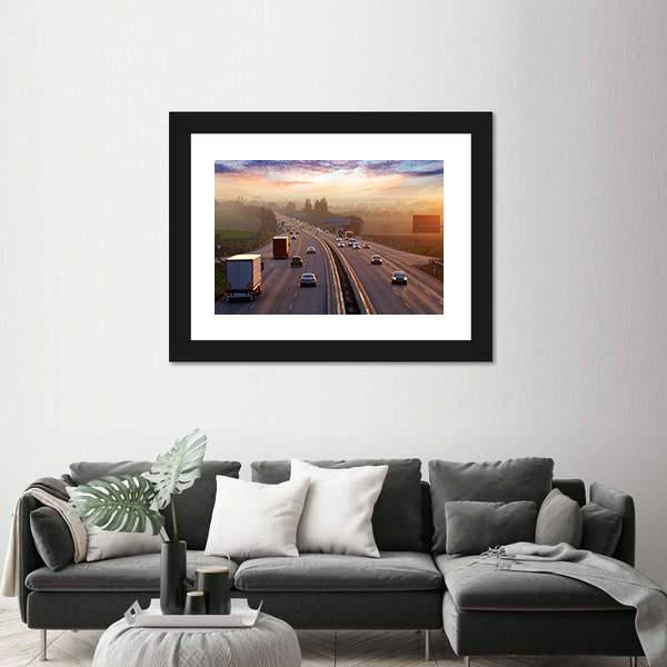 Traffic On Highway With Cars Canvas Wall Art-1 Piece-Framed Print-20" x 16"-Tiaracle