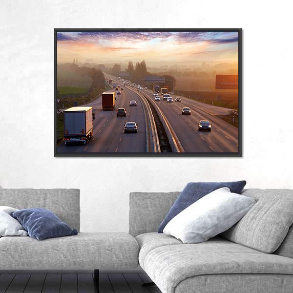 Traffic On Highway With Cars Canvas Wall Art-1 Piece-Floating Frame-24" x 16"-Tiaracle