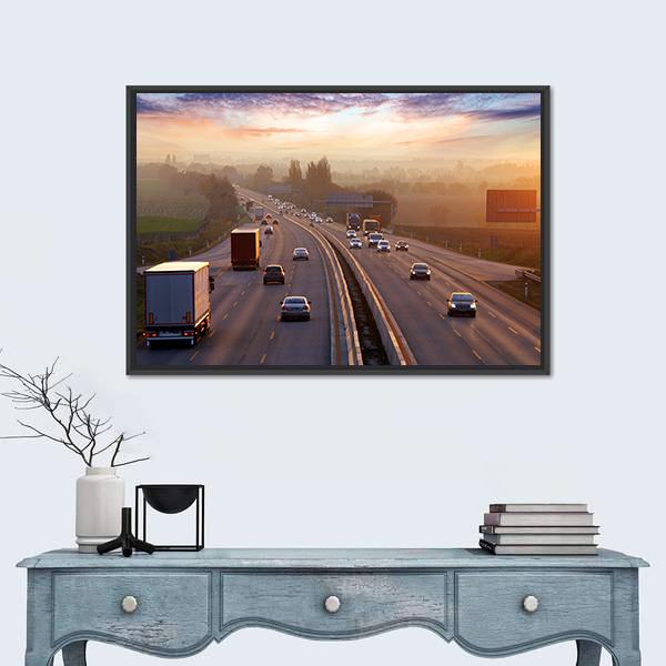 Traffic On Highway With Cars Canvas Wall Art-3 Horizontal-Gallery Wrap-25" x 16"-Tiaracle