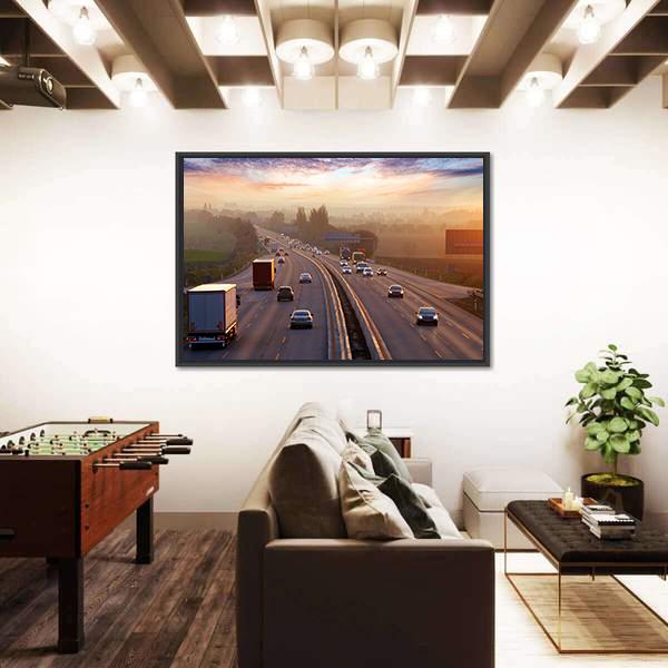 Traffic On Highway With Cars Canvas Wall Art-3 Horizontal-Gallery Wrap-25" x 16"-Tiaracle