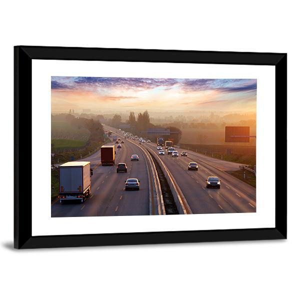 Traffic On Highway With Cars Canvas Wall Art-3 Horizontal-Gallery Wrap-25" x 16"-Tiaracle