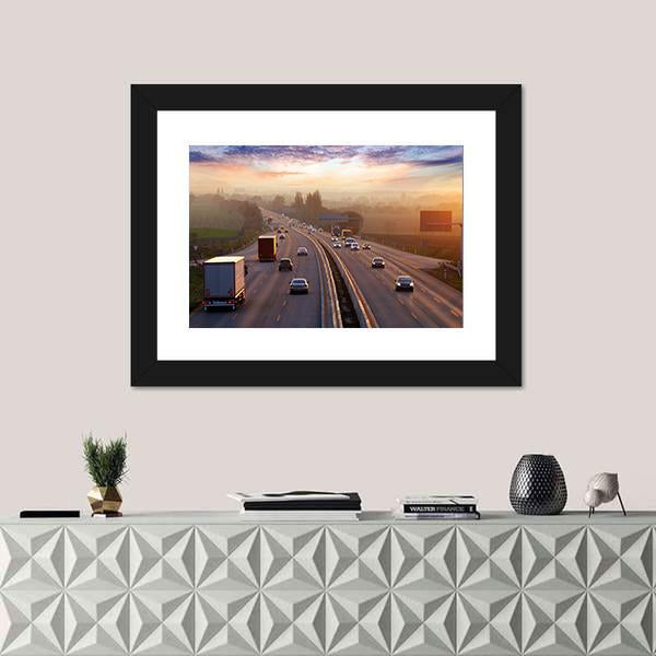 Traffic On Highway With Cars Canvas Wall Art-3 Horizontal-Gallery Wrap-25" x 16"-Tiaracle