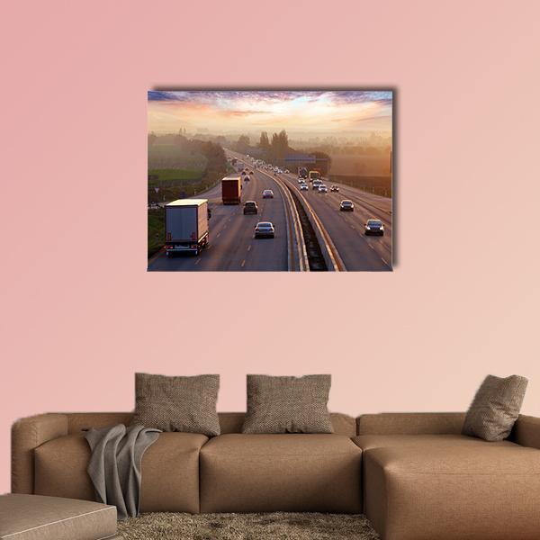 Traffic On Highway With Cars Canvas Wall Art-1 Piece-Gallery Wrap-48" x 32"-Tiaracle