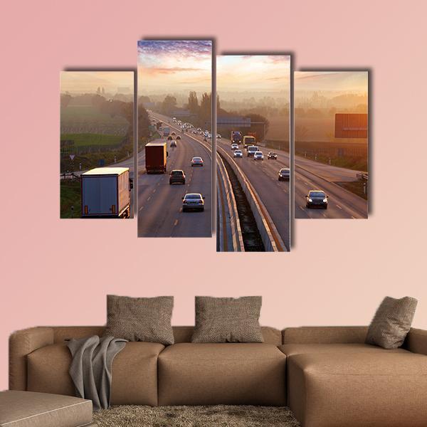 Traffic On Highway With Cars Canvas Wall Art-4 Pop-Gallery Wrap-50" x 32"-Tiaracle