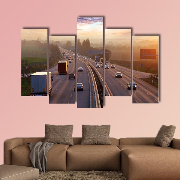 Traffic On Highway With Cars Canvas Wall Art-5 Pop-Gallery Wrap-47" x 32"-Tiaracle