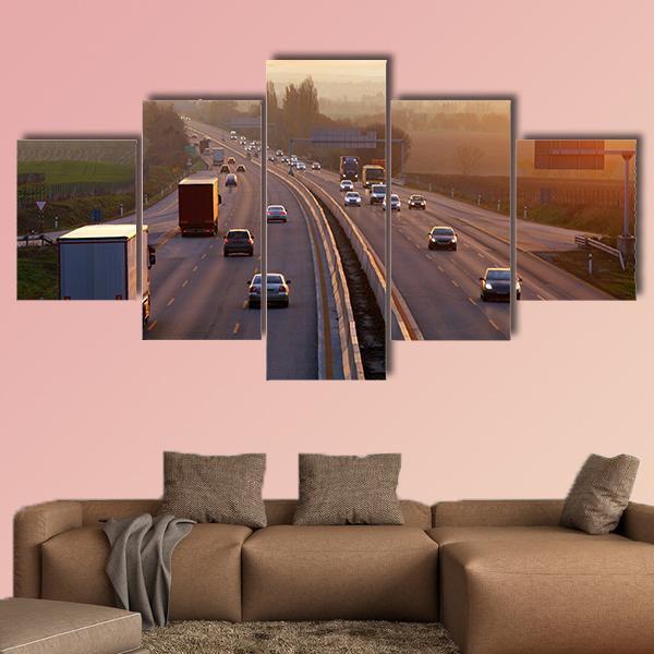 Traffic On Highway With Cars Canvas Wall Art-5 Star-Gallery Wrap-62" x 32"-Tiaracle
