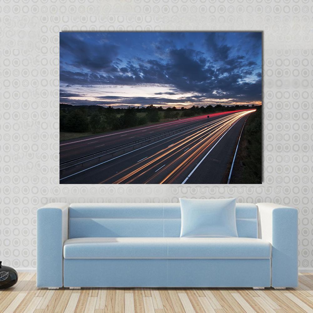 Traffic On The Move At Dusk On The M40 Motorway In England Canvas Wall Art-5 Star-Gallery Wrap-62" x 32"-Tiaracle