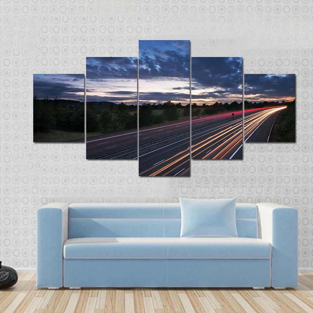 Traffic On The Move At Dusk On The M40 Motorway In England Canvas Wall Art-5 Star-Gallery Wrap-62" x 32"-Tiaracle