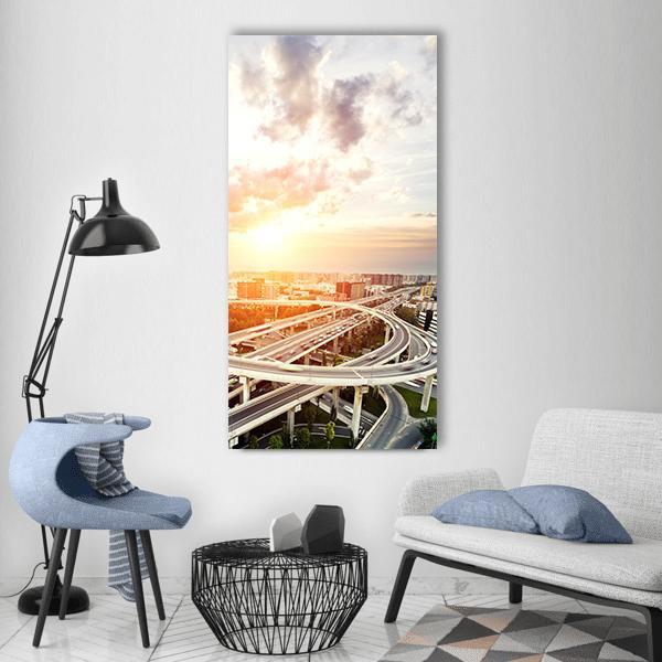 Skyline &amp; Highway Intersection Vertical Canvas Wall Art-1 Vertical-Gallery Wrap-12" x 24"-Tiaracle