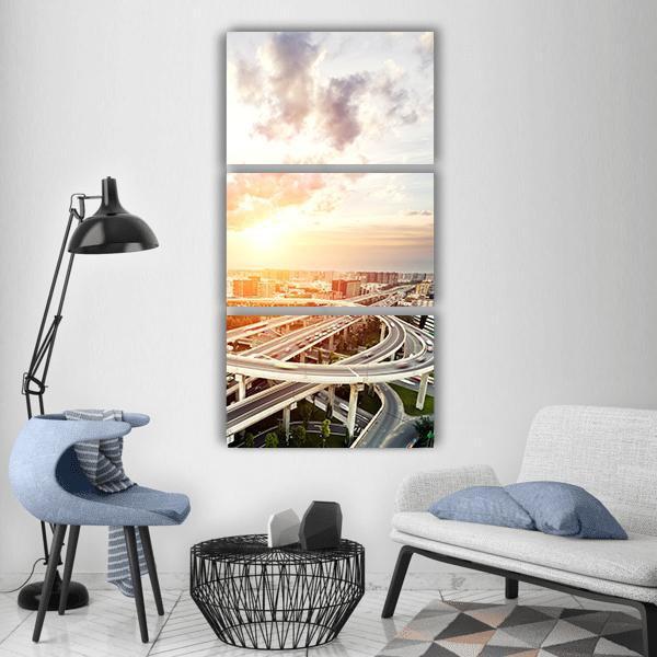 Skyline &amp; Highway Intersection Vertical Canvas Wall Art-3 Vertical-Gallery Wrap-12&quot; x 25&quot;-Tiaracle