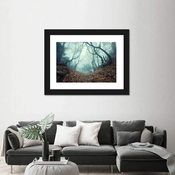 Trail Through A Mysterious Dark Old Forest In Fog Canvas Wall Art-1 Piece-Framed Print-20" x 16"-Tiaracle
