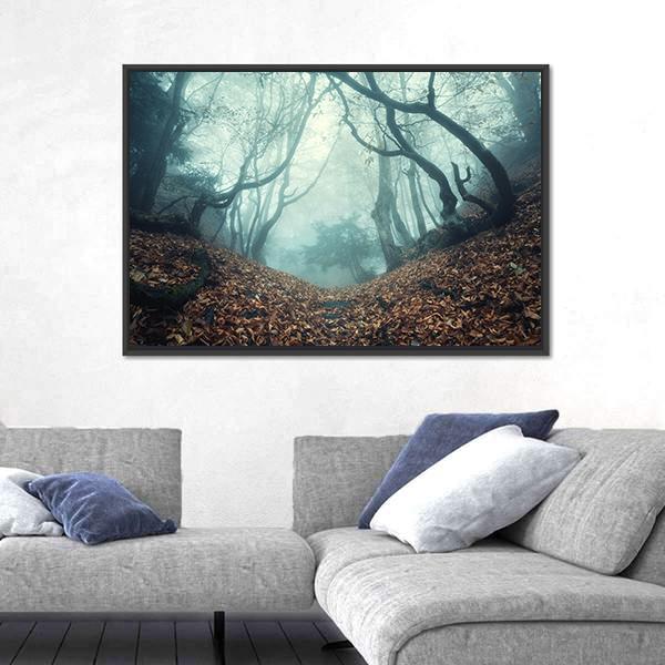 Trail Through A Mysterious Dark Old Forest In Fog Canvas Wall Art-1 Piece-Floating Frame-24" x 16"-Tiaracle