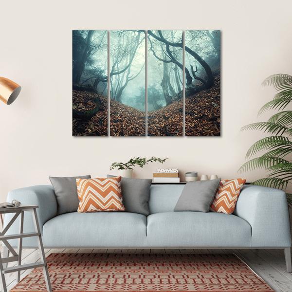 Trail Through A Mysterious Dark Old Forest In Fog Canvas Wall Art-4 Horizontal-Gallery Wrap-34" x 24"-Tiaracle
