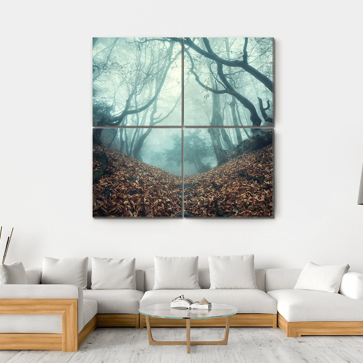 Trail Through A Mysterious Dark Old Forest In Fog Canvas Wall Art-4 Square-Gallery Wrap-17" x 17"-Tiaracle