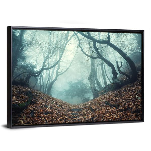 Trail Through A Mysterious Dark Old Forest In Fog Canvas Wall Art-3 Horizontal-Gallery Wrap-25" x 16"-Tiaracle