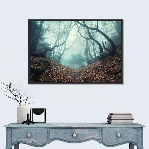 Trail Through A Mysterious Dark Old Forest In Fog Canvas Wall Art-3 Horizontal-Gallery Wrap-25" x 16"-Tiaracle