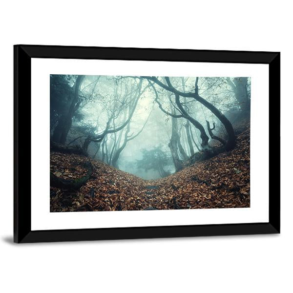 Trail Through A Mysterious Dark Old Forest In Fog Canvas Wall Art-5 Horizontal-Gallery Wrap-22" x 12"-Tiaracle