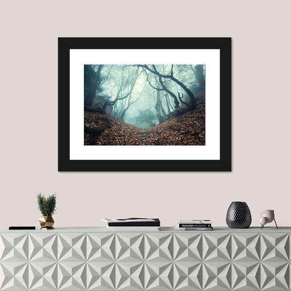 Trail Through A Mysterious Dark Old Forest In Fog Canvas Wall Art-5 Horizontal-Gallery Wrap-22" x 12"-Tiaracle