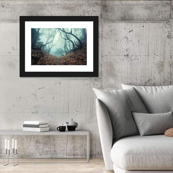 Trail Through A Mysterious Dark Old Forest In Fog Canvas Wall Art-3 Horizontal-Gallery Wrap-25" x 16"-Tiaracle