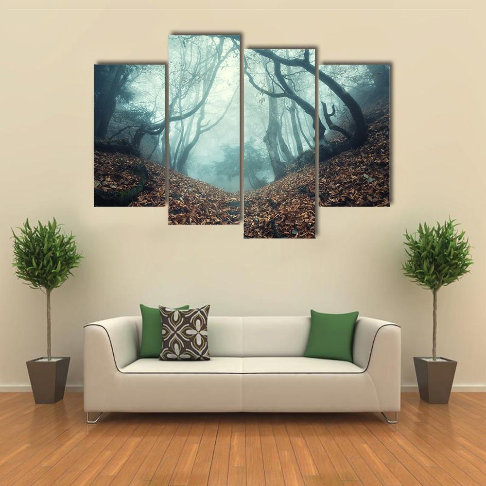 Trail Through A Mysterious Dark Old Forest In Fog Canvas Wall Art-4 Pop-Gallery Wrap-50" x 32"-Tiaracle