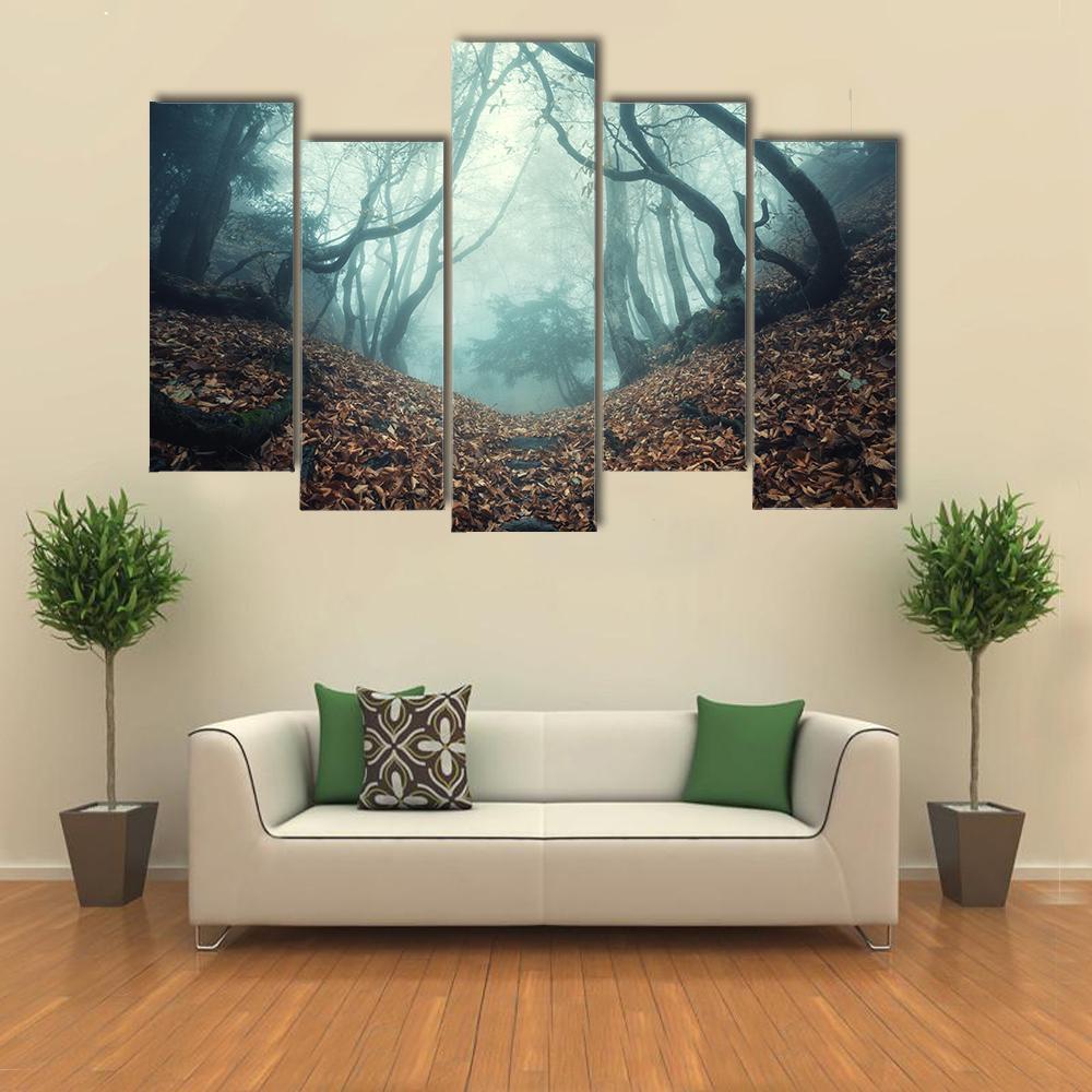 Trail Through A Mysterious Dark Old Forest In Fog Canvas Wall Art-5 Pop-Gallery Wrap-47" x 32"-Tiaracle