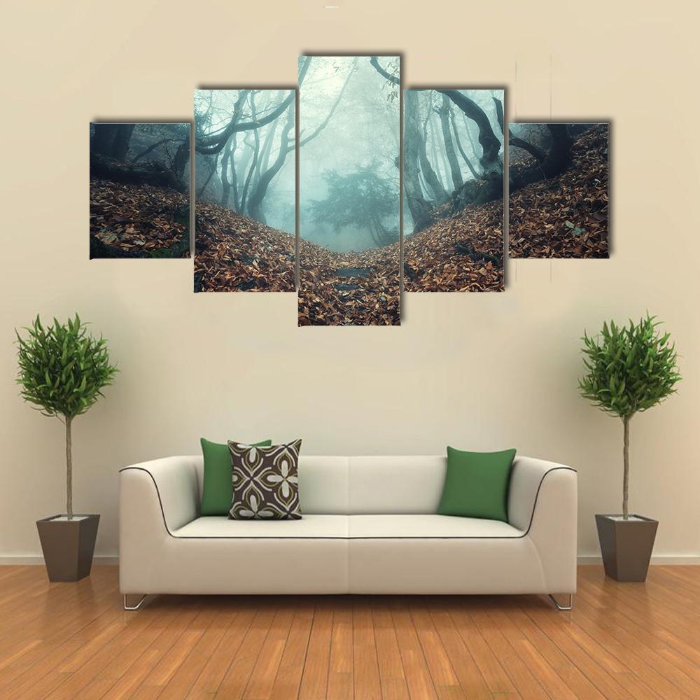 Trail Through A Mysterious Dark Old Forest In Fog Canvas Wall Art-5 Star-Gallery Wrap-62" x 32"-Tiaracle