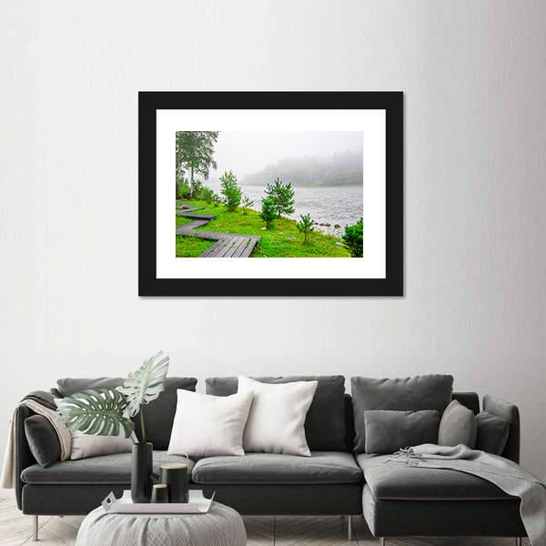 Trails In A Foggy Forest Near Water Canvas Wall Art-1 Piece-Framed Print-20" x 16"-Tiaracle