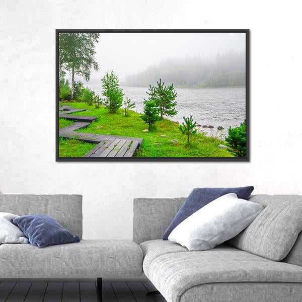 Trails In A Foggy Forest Near Water Canvas Wall Art-1 Piece-Floating Frame-24" x 16"-Tiaracle