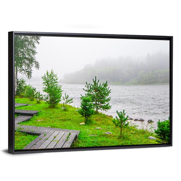 Trails In A Foggy Forest Near Water Canvas Wall Art-3 Horizontal-Gallery Wrap-25" x 16"-Tiaracle