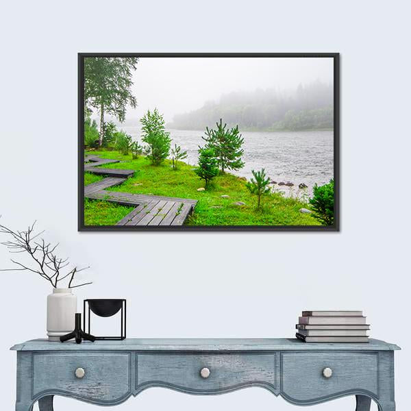 Trails In A Foggy Forest Near Water Canvas Wall Art-3 Horizontal-Gallery Wrap-25" x 16"-Tiaracle