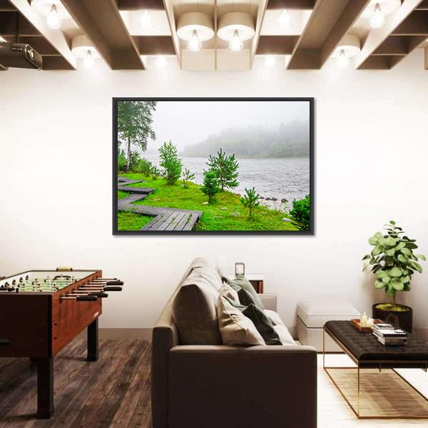 Trails In A Foggy Forest Near Water Canvas Wall Art-3 Horizontal-Gallery Wrap-25" x 16"-Tiaracle